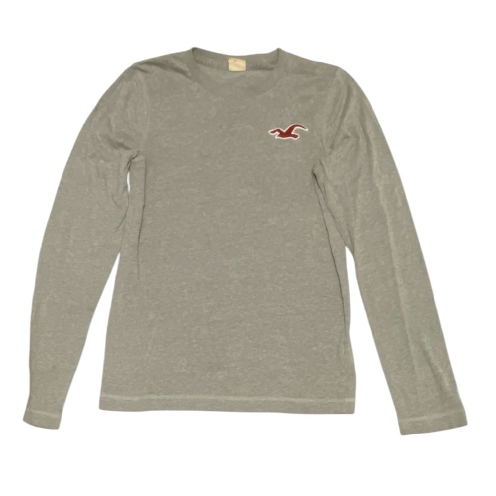Hollister Men’s Grey Long Sleeve T-Shirt Embroidered Burgundy Logo Sz M